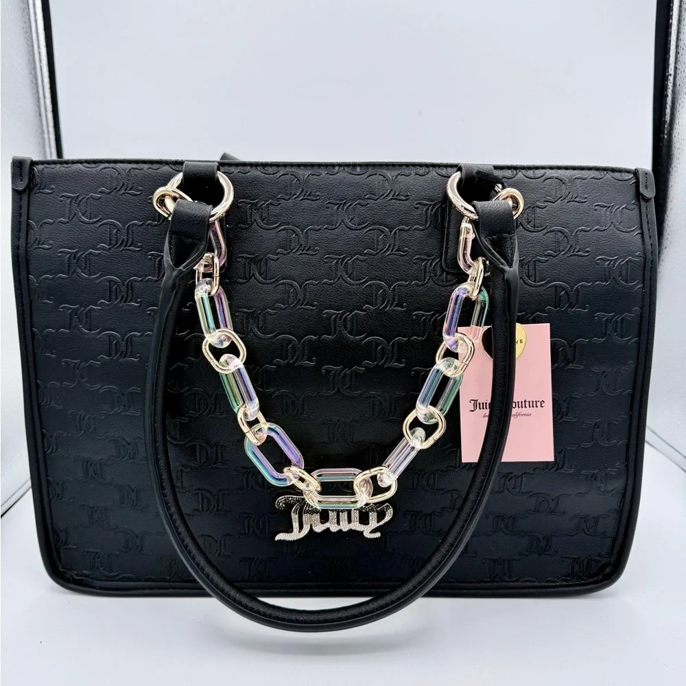 NWT Juicy Couture Black Monogram‎ Satchel Bag Chain Strap Rhinestone Logo